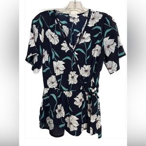Navy Floral Blouse w/ Tie at Waist- Medium